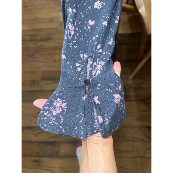 Free People Tess Mini Dress Boho Floral Lace Trim Velvet Tie Long Sleeve Blue L - Picture 5 of 12